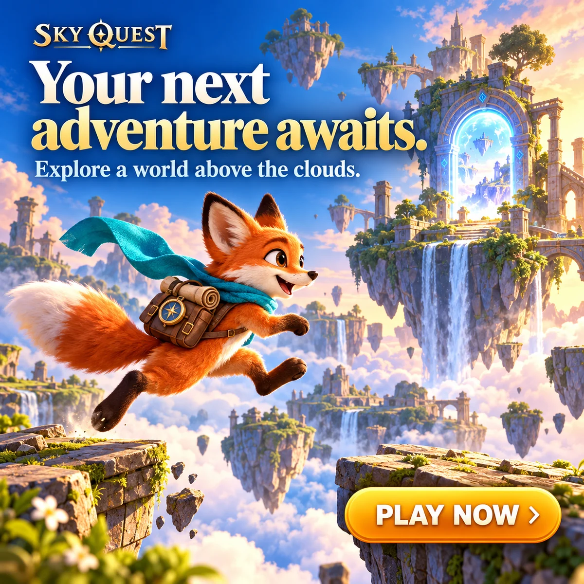 Sky Quest game ad: a fox leaps between floating islands, with Your next adventure awaits and a Play Now button.
